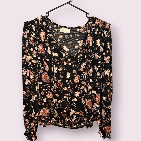 MELLODAY Tops - Melloday Black Floral Ruffle Blouse Long Sleeve Size Large Boho